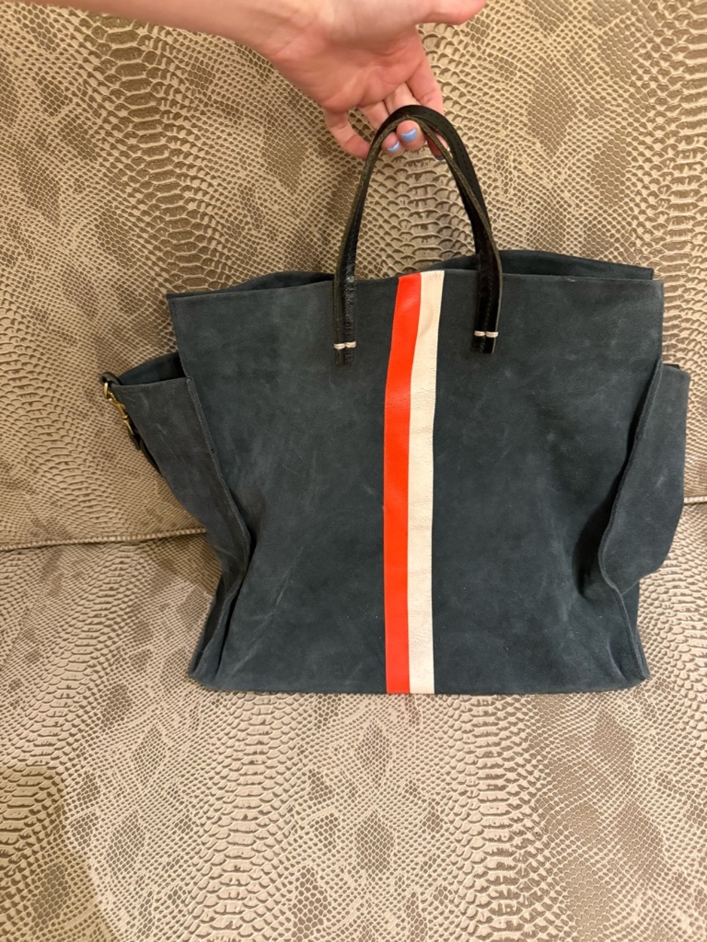Clare V Navy Suede Tote with Red and White Center Stripe